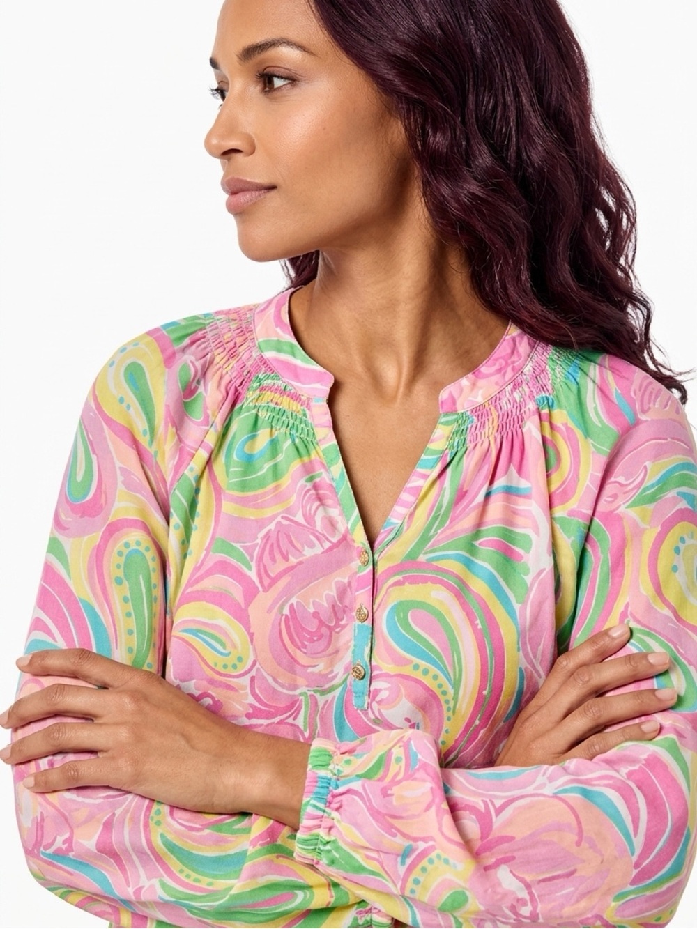 Lilly Pulitzer Elsa Silk Top XS 18" PTP Style 41773 All Nighter Pink Green Paisl